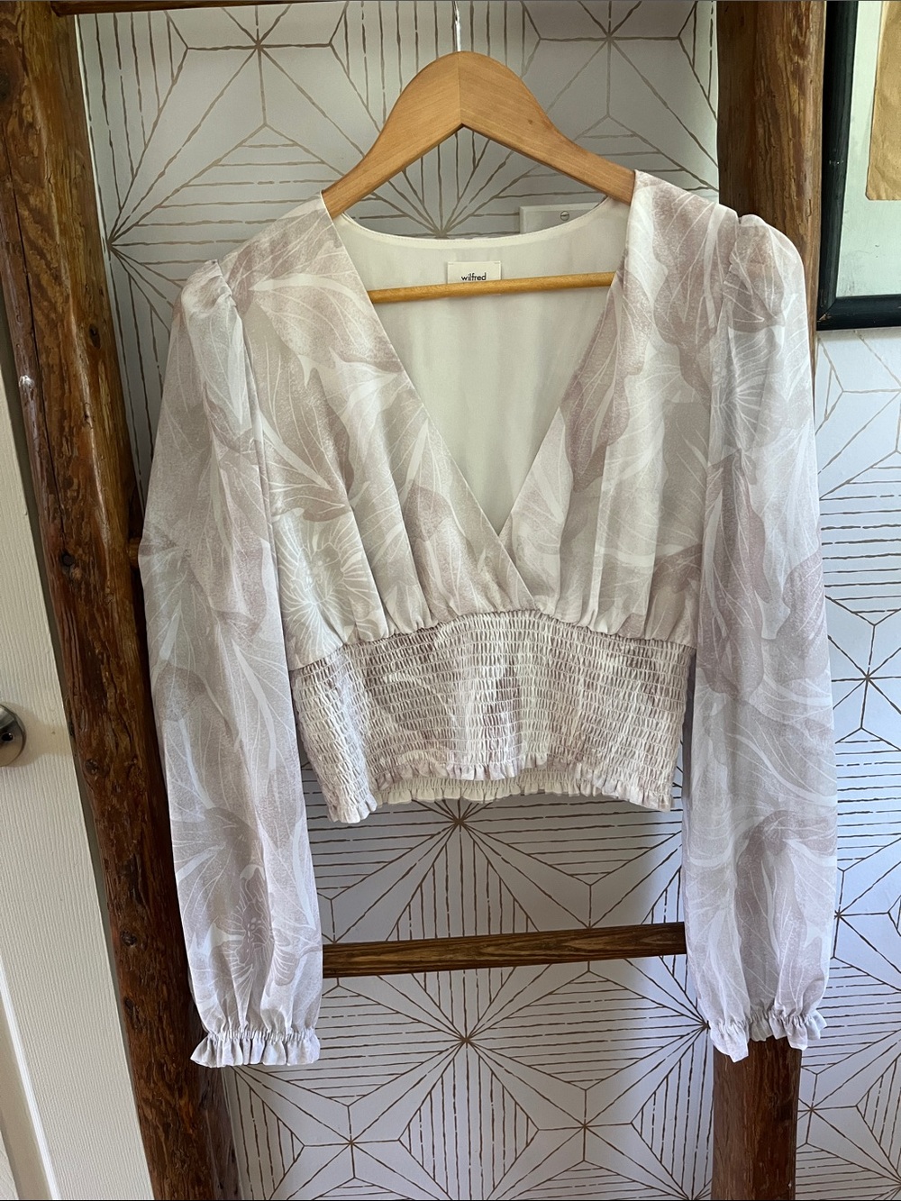 Wilfred Sheer Floral Shirred-Waist Blouse in Taupe and Cream